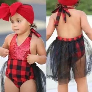 Baby Girls Buffalo Plaid Tutu Romper & Headband Fall Xmas Outfits Photo Shoot 12